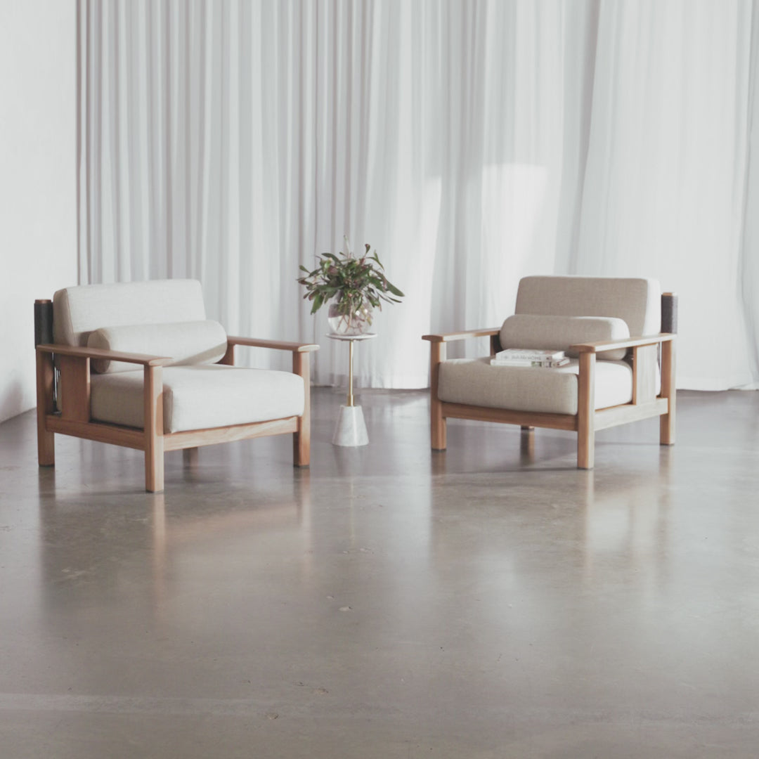 RIVA LEVANTE OUTDOOR ARMCHAIR  |  PORTLAND STONE + BLACK NOIR ROPE  |  NATURAL TEAK FRAME