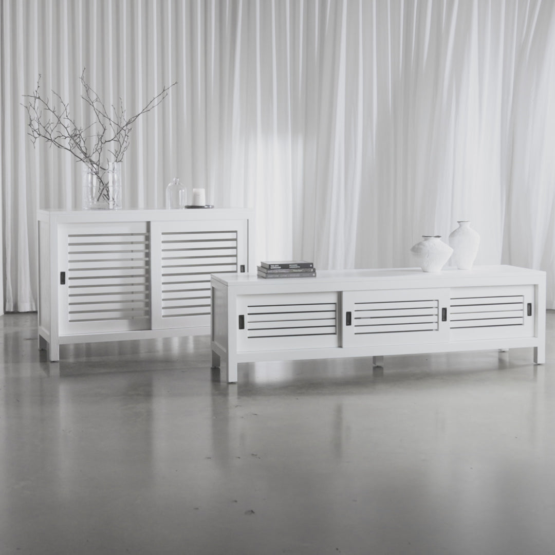 CONRAD 2 DOOR SLATTED CONSOLE + CONRAD 3 DOOR SLATTED ENTERTAINMENT UNIT | WHITE GRAIN
