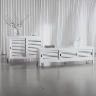 CONRAD 2 DOOR SLATTED CONSOLE + CONRAD 3 DOOR SLATTED ENTERTAINMENT UNIT | WHITE GRAIN
