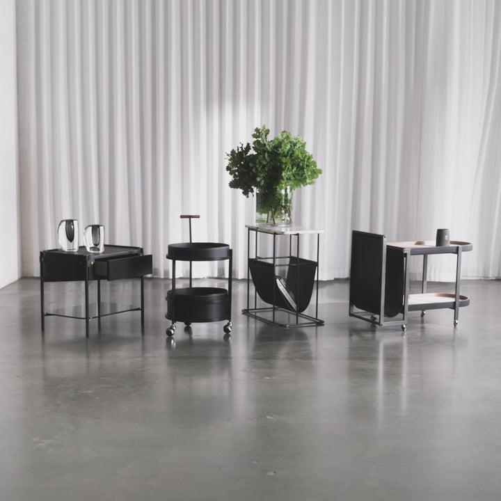 PANZANO ROUND BEDSIDE WITH DRAWER  |  BLACK NOIR LEATHER