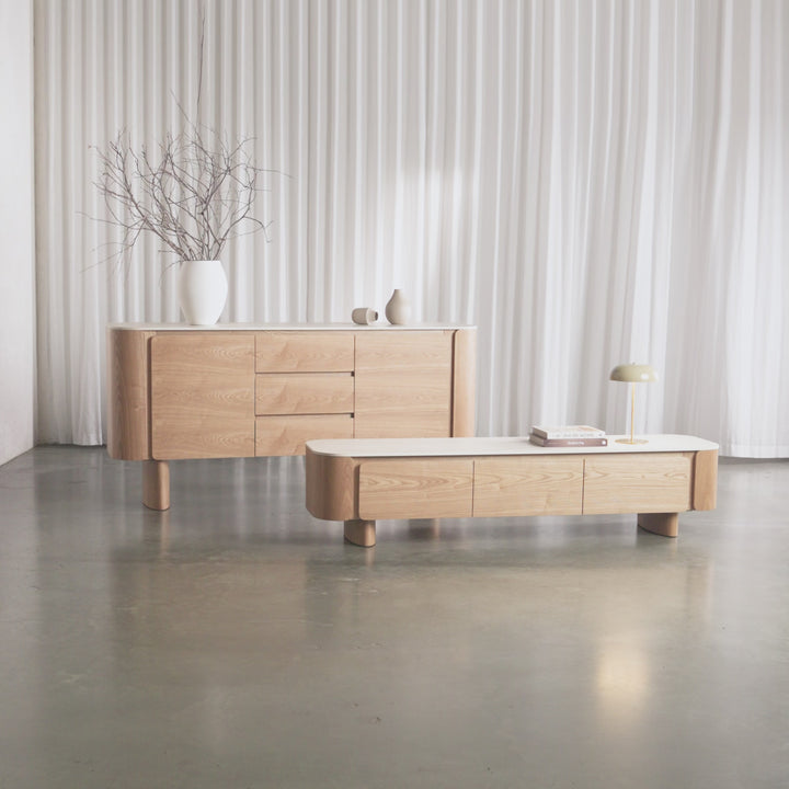 TREVELO SIDEBOARD + Entertainment Unit  |  BIRCH ASH WOOD GRAIN  |  TRAVENTINE TUMBLED BEIGE