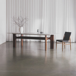 MONTAGNA CERAMICA DINING TABLE   |  230CM + 270CM  |  DEEP WALNUT WOOD GRAIN  |  BULGARI MARBLE AUTUMNAL WARM