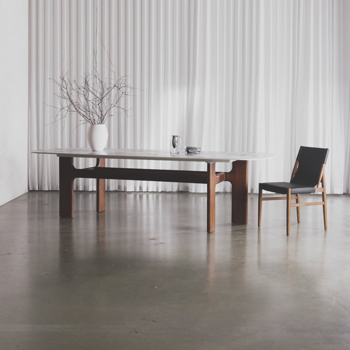 MONTAGNA CERAMICA DINING TABLE   |  230CM + 270CM  |  DEEP WALNUT WOOD GRAIN  |  BULGARI MARBLE AUTUMNAL WARM