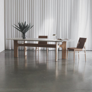MONTAGNA CERAMICA DINING TABLE   |  230CM + 270CM  |  BIRCH ASH WOOD GRAIN  |  TRAVERTINE TUMBLED BEIGE