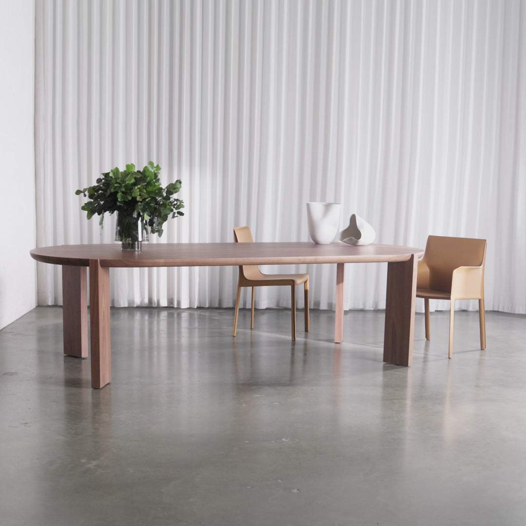 CASSAN ROUNDED DINING TABLE  |  DEEP WALNUT WOOD GRAIN + PARSONS DINING + CARVER