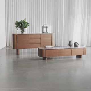 Trevelo Entertainment Unit + Sideboard |  Walnut Wood Grain  |  Valentina Grigio Ceramica Top