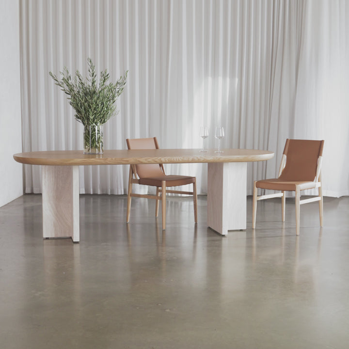 TOULON MARBLE DINING TABLE  |   240CM + 270CM  |  BIRCH ASH WOOD GRAIN  |  CAPIR NUTMEG MARBLE