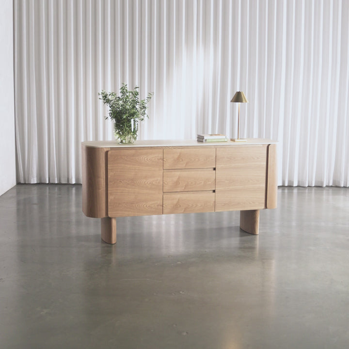 TREVELO SIDEBOARD  |  BIRCH ASH WOOD GRAIN  |  TRAVENTINE TUMBLED BEIGE