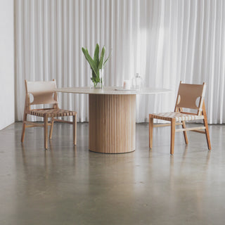 VITOLO CERAMICA ROUND PILLAR DINING TABLE  |  BIRCH ASH  |  TRAVERTINE TUMBLED BEIGE TOP  |  150CM