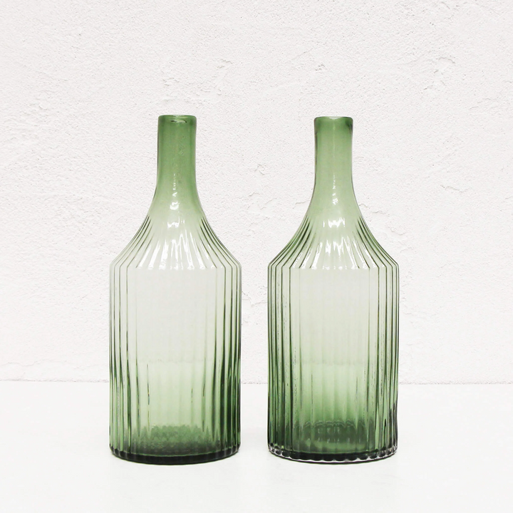 RIDGED BOTTLE GLASS VASE BUNDLE X2  |  LARGE  |  OLIVE GREEN