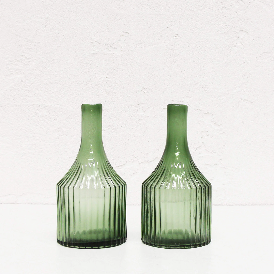 RIDGED BOTTLE GLASS VASE BUNDLE X2  |  MEDIUM  |  OLIVE GREEN
