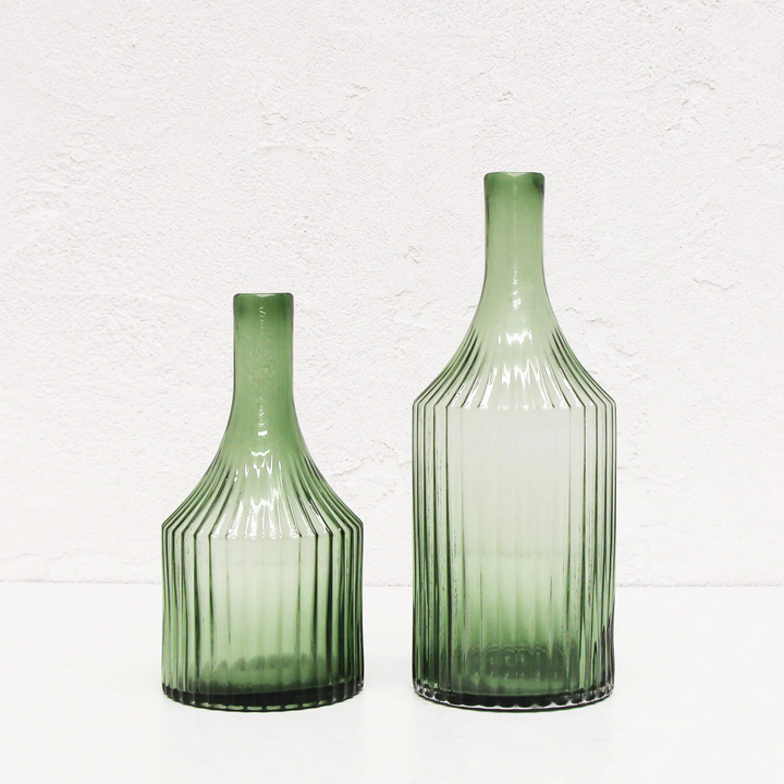 RIDGED BOTTLE GLASS VASE BUNDLE X2  |  MEDIUM + LARGE  |  OLIVE GREEN