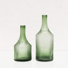 RIDGED BOTTLE GLASS VASE BUNDLE X2  |  MEDIUM + LARGE  |  OLIVE GREEN