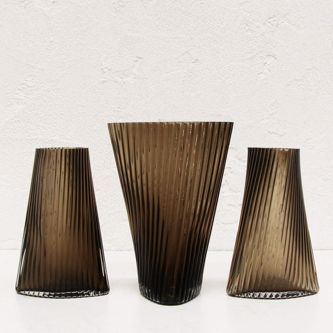 RIDGED TWIST OBLLING GLASS VASE BUNDLE X3  |  MEDIUM + MEDIUM + TALL  |  SMOKEY BROWN