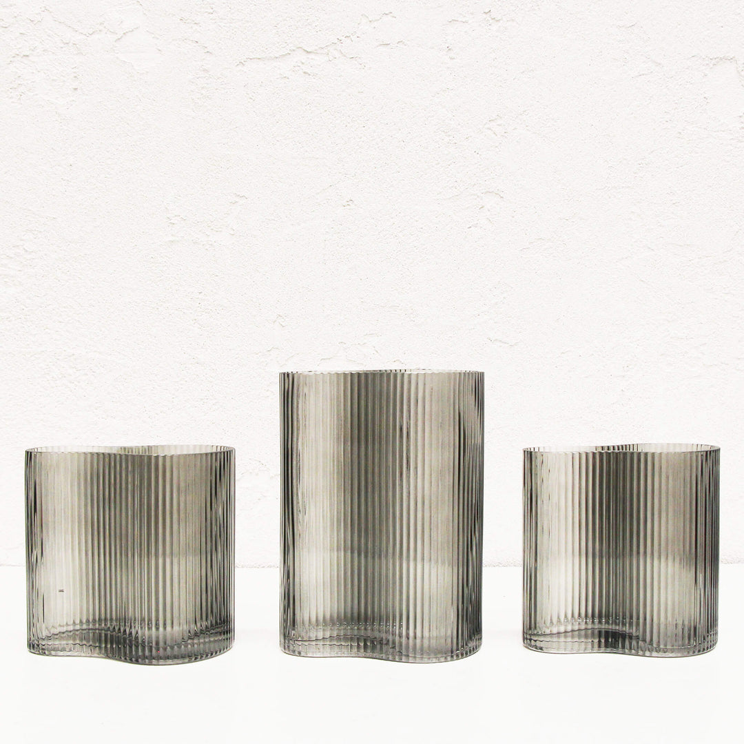 SMOKE GREY RIBBED VASE BUNDLE X3  |  MEDIUM + LARGE  |  GREY