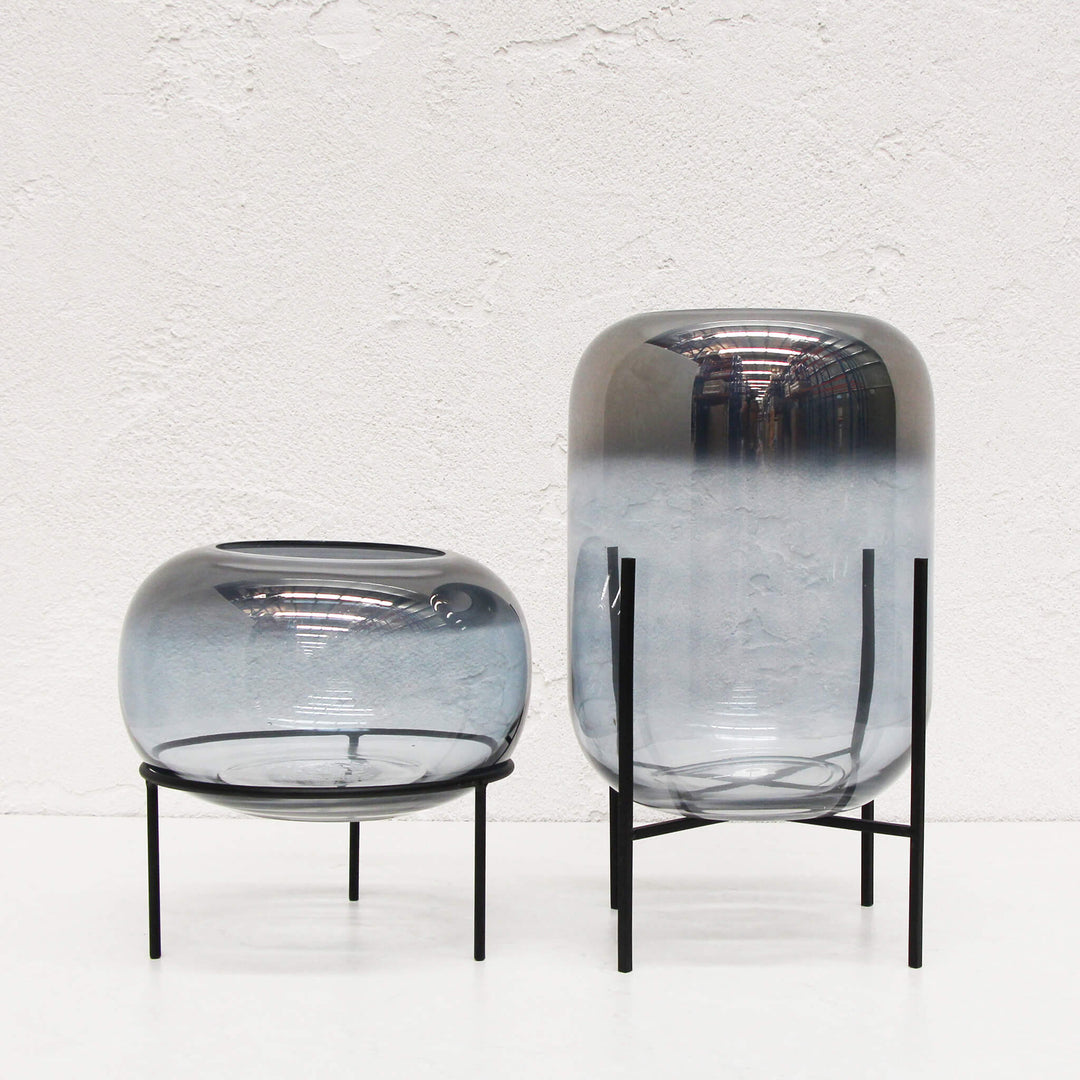 GLASS VASE ON BLACK STAND BUNDLE X2  |  SMALL + LARGE  |  BLUE