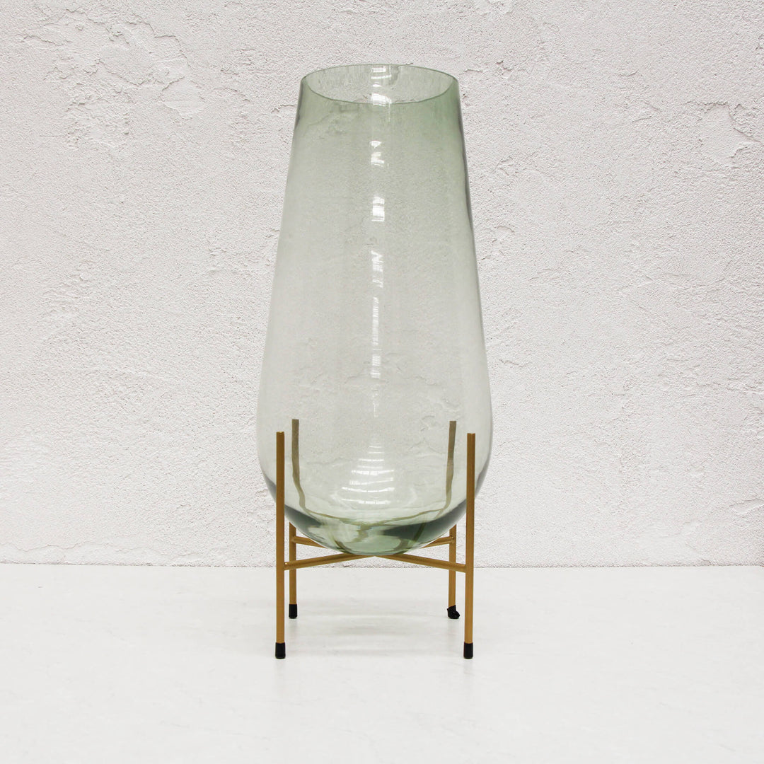 GREEN GLASS VASE ON STAND  |  LARGE  |  GOLD