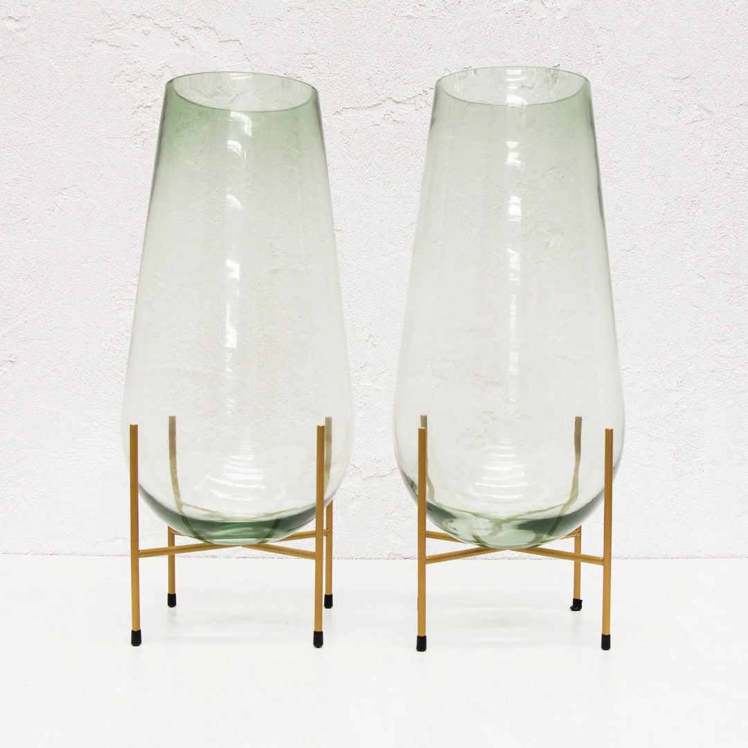 GREEN GLASS VASE ON STAND BUNDLE X2  |  LARGE  |  GOLD