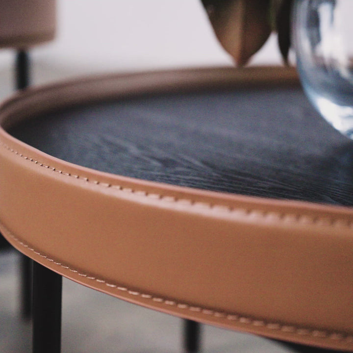 LEGGE COFFEE + TERRACE TABLE SET  |  BLACK WOOD + BROWN LEATHER TRIM