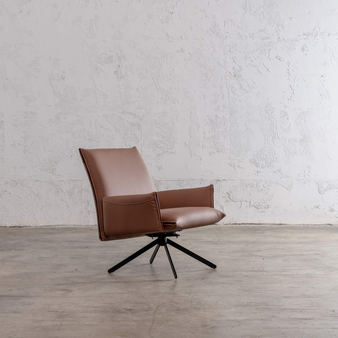 ALAMEDA MID CENTURY VEGAN LEATHER SWIVEL ARM CHAIR  |  SADDLE TAN