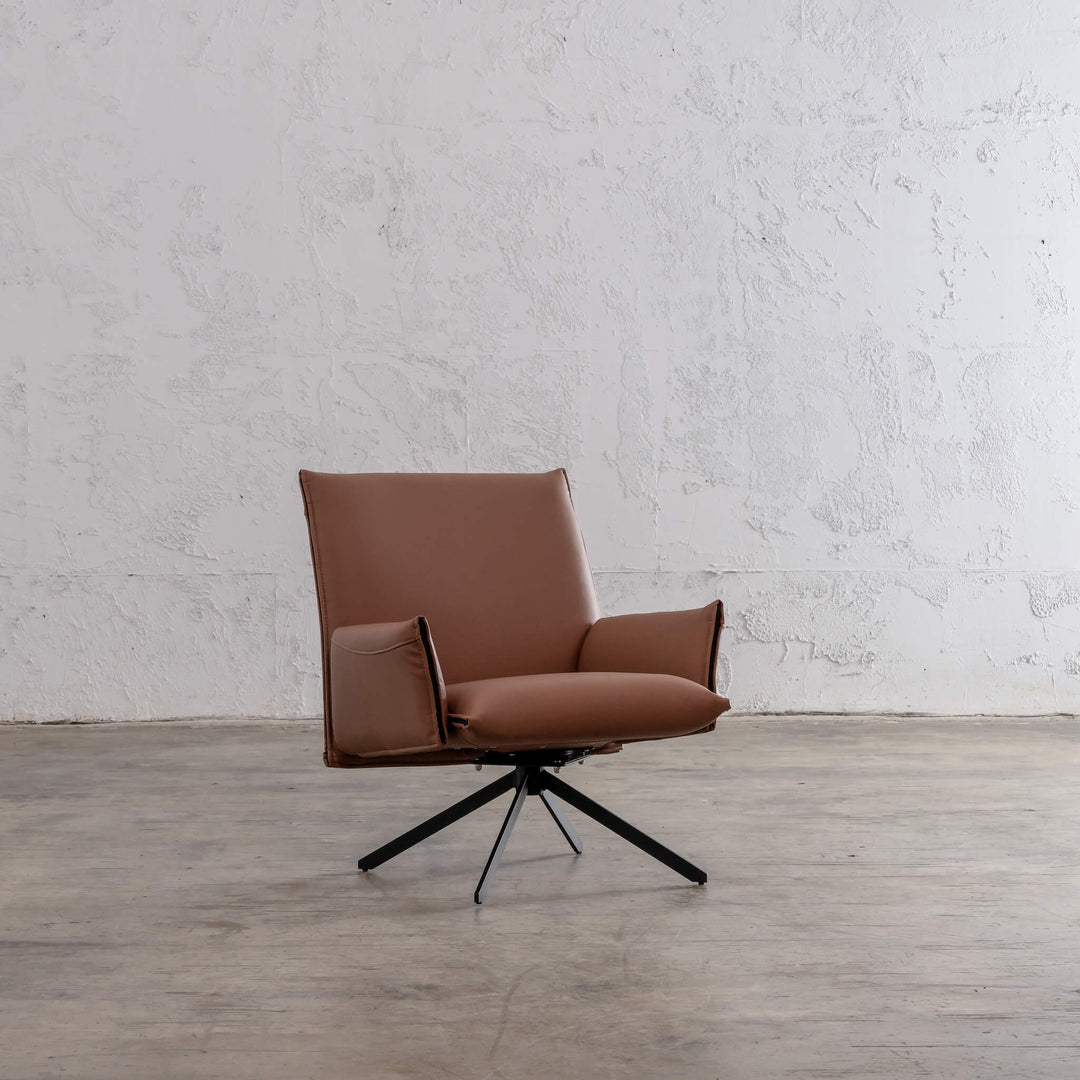 ALAMEDA MID CENTURY VEGAN LEATHER SWIVEL ARM CHAIR  |  SADDLE TAN