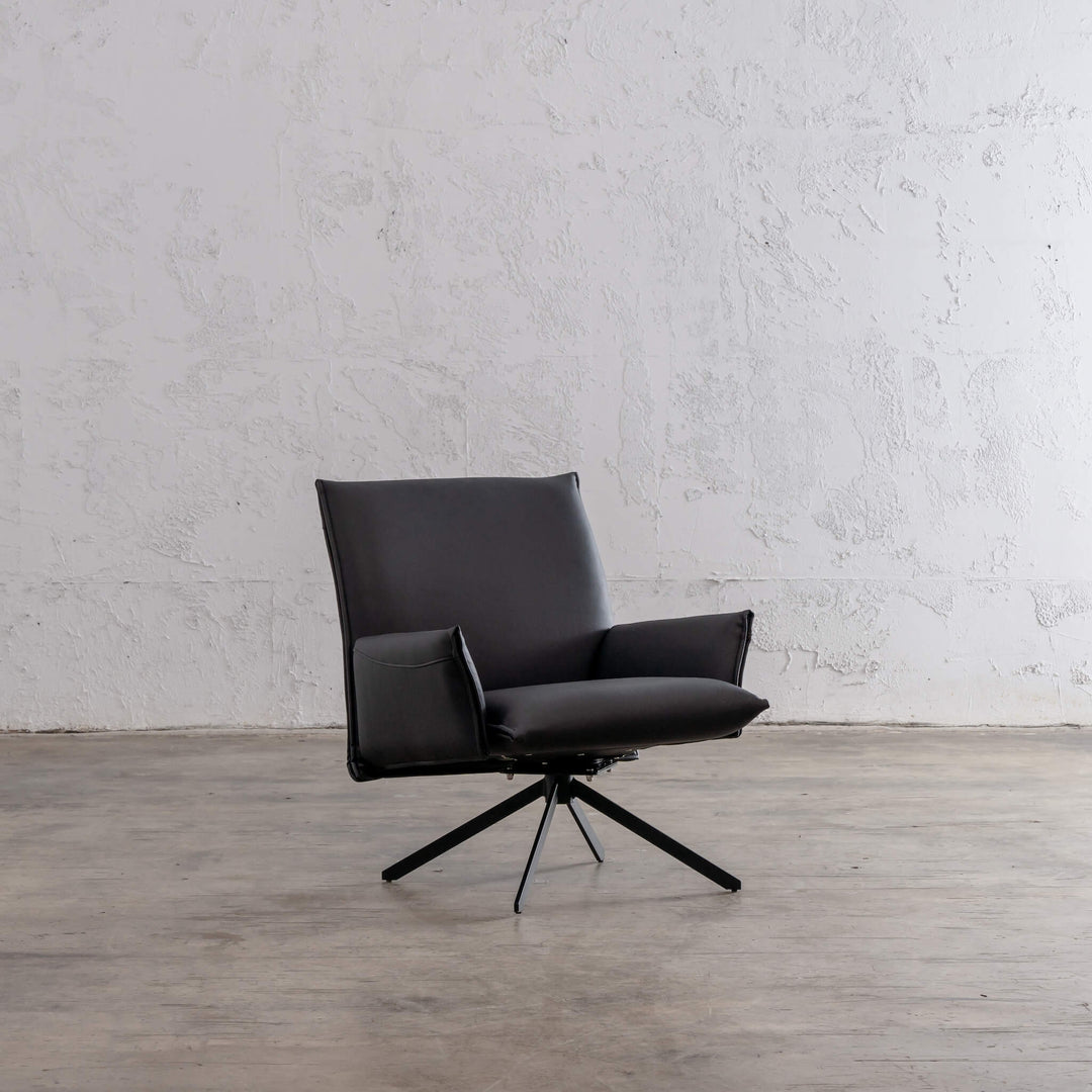 ALAMEDA MID CENTURY VEGAN LEATHER SWIVEL ARM CHAIR  |  NOIR BLACK