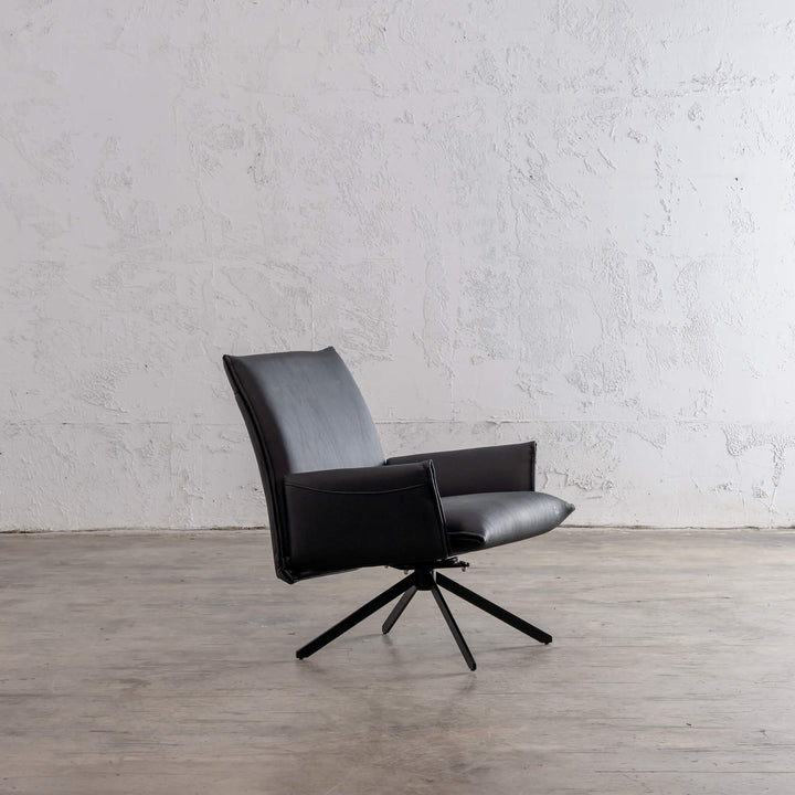 ALAMEDA MID CENTURY VEGAN LEATHER SWIVEL ARM CHAIR  |  NOIR BLACK