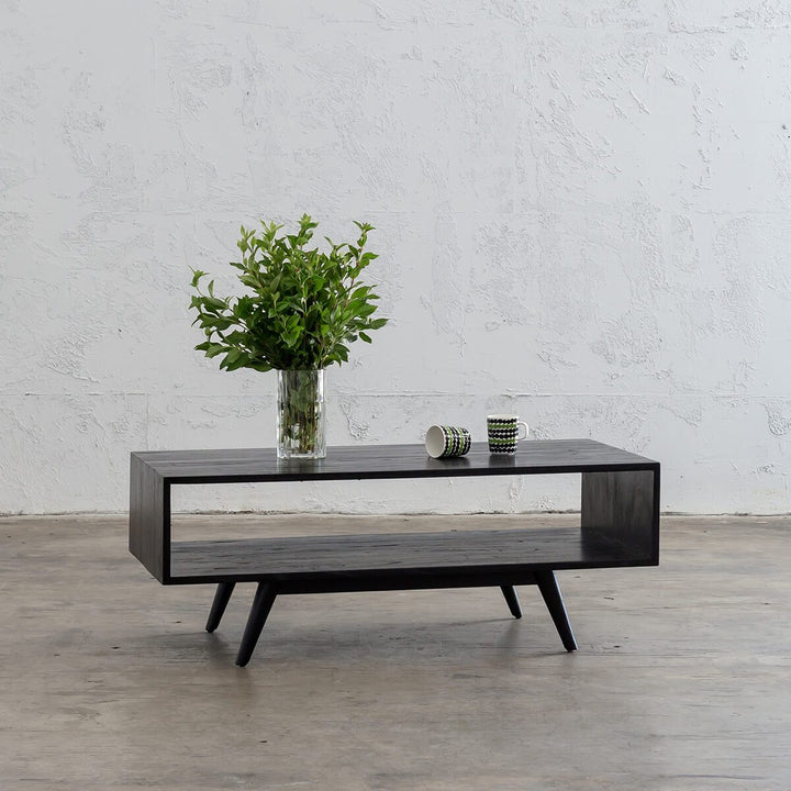 AMARA MID CENTURY TIMBER COFFEE TABLE  |  SQUARE WOOD COFFEE TABLE WITH SHELF |  BLACK