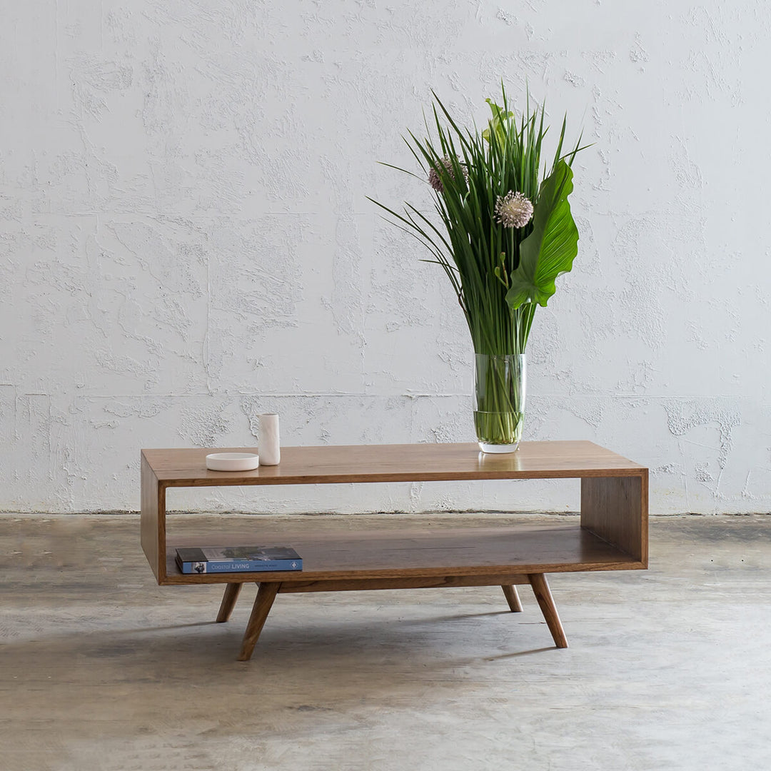 PRE ORDER  |  AMARA MID CENTURY TIMBER COFFEE TABLE  |  RECTANGLE WITH OPEN SHELF