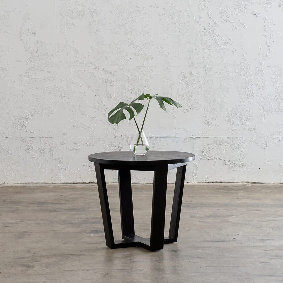 PRE ORDER  |  AMARA MID CENTURY TIMBER TERRACE SIDE TABLE  |  SOLID TOP BLACK | ROUND