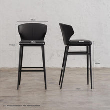 PRE ORDER | ANDERS BAR CHAIR  |  FAUX LEATHER  |  NOIR BLACK WITH MEASUREMENTS