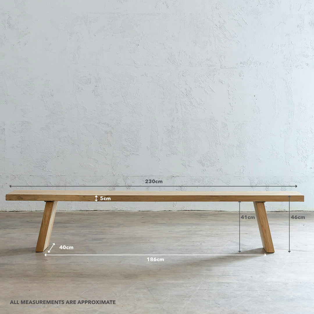 CAPRETTA ELM BENCH | 230CM | BLEACHED BRISTLE  |  MEASUREMENTS