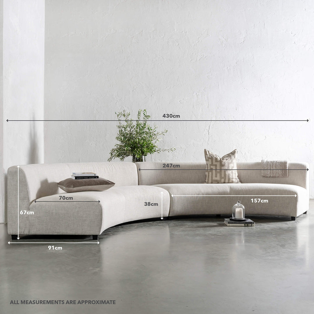 PRE ORDER | CARSON CONTEMPO CURVED MODULAR SOFA | JOVAN DOVE  |  MEASUREMENTS