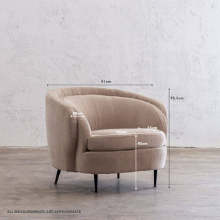 CARSON CURVE ARM CHAIR  |  DESERT SAND WITH MEASUREMENTS