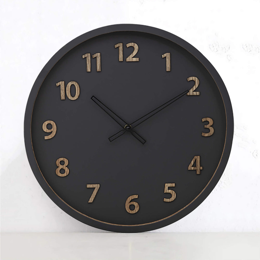 CHARLIE WALL CLOCK  |  BLACK + WOOD GRAIN  |  41.5CM