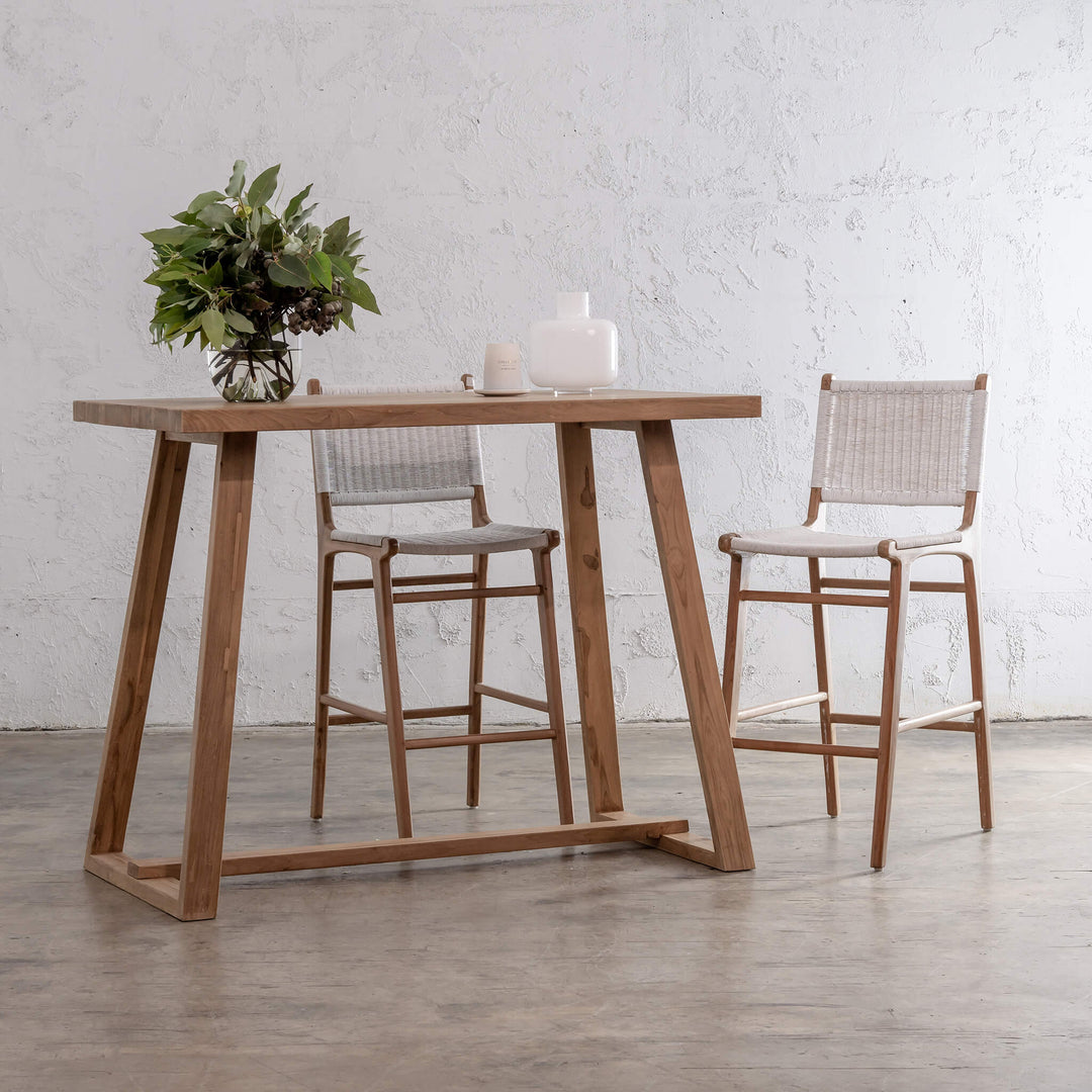 DALTON SCANDI LEG TEAK BAR TABLE  |  140CM