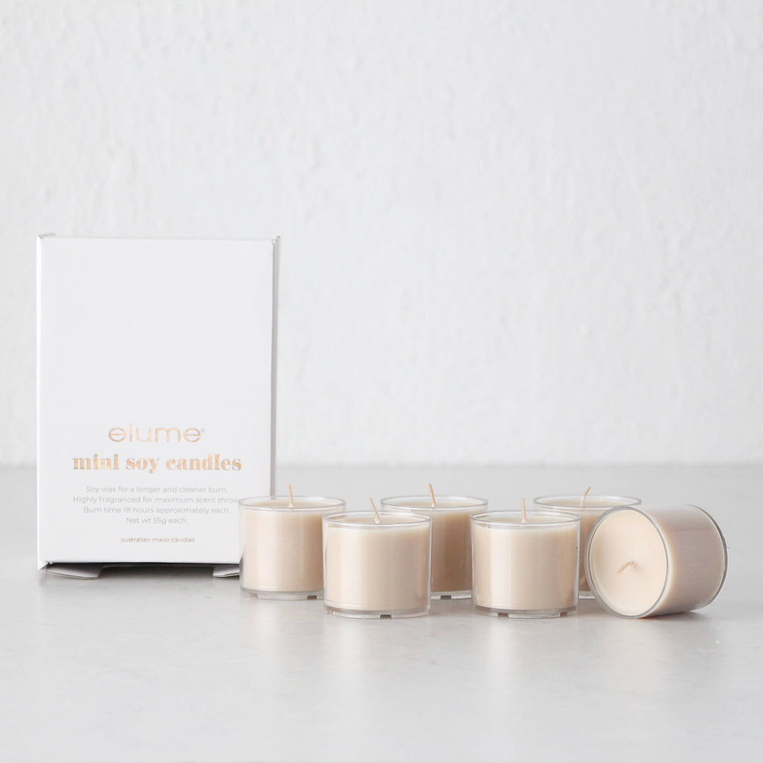 ELUME  |  MINI GLASS SOY CANDLES SET OF 6  |  COCONUT + VANILLA BEAN | 15% BUNDLE SALE