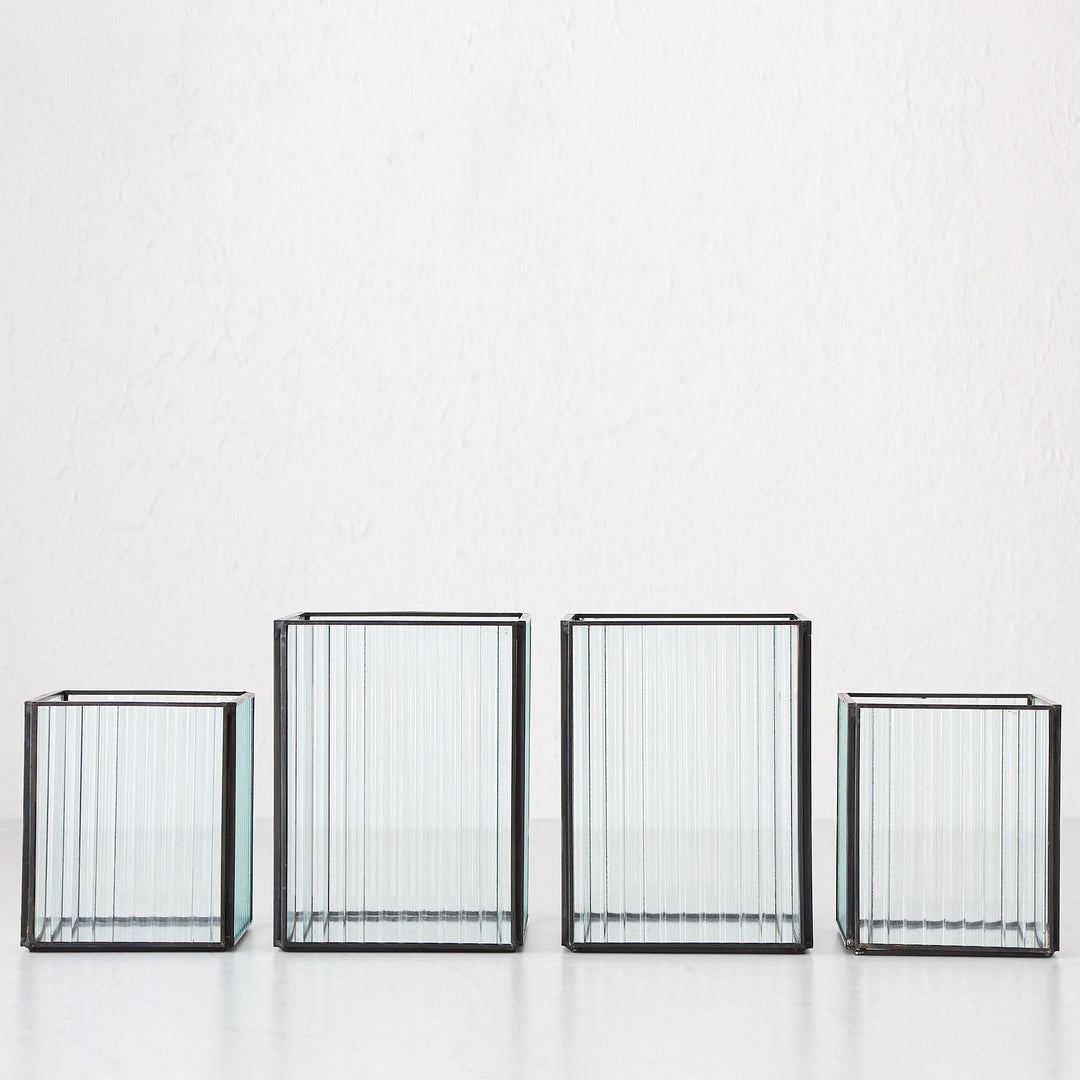 LIVING BY DESIGN RIDGED SQUARE GLASS HURRICANE LANTERNS BUNDLE X4  |  MEDIUM + LARGE  |  CLEAR + MIRROR BASE