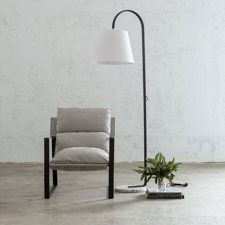 LAURENT ARM CHAIR  |  COBBLESTONE ASH  |  FABRIC OCCASIONAL LOUNGE CHAIR WITH FLOOR LAMP