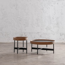 LEGGE COFFEE + TERRACE TABLE SET  |  BLACK WOOD + BROWN LEATHER TRIM UNSTYLED