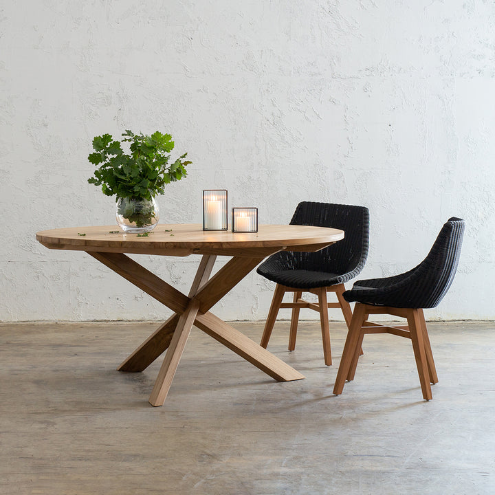 LUPA ROUND OUTDOOR SLATTED RECYCLED TEAK DINING TABLE | with LECCO DINING CHAIRS