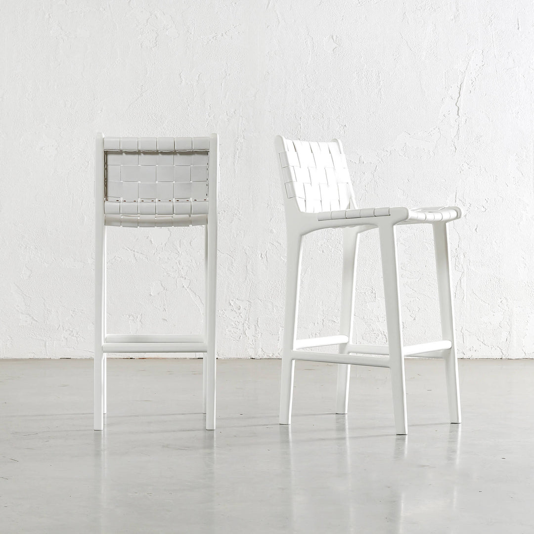 MALAND WOVEN LEATHER BAR CHAIRS  |  HIGH + LOW  |  WHITE ON WHITE LEATHER LOW BAR STOOL