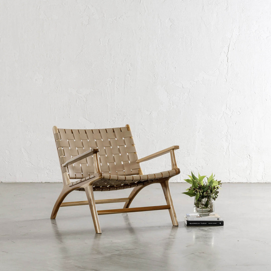 PRE ORDER  |  MALAND WOVEN LEATHER ARM CHAIR  |  LIGHT TAUPE LEATHER HIDE