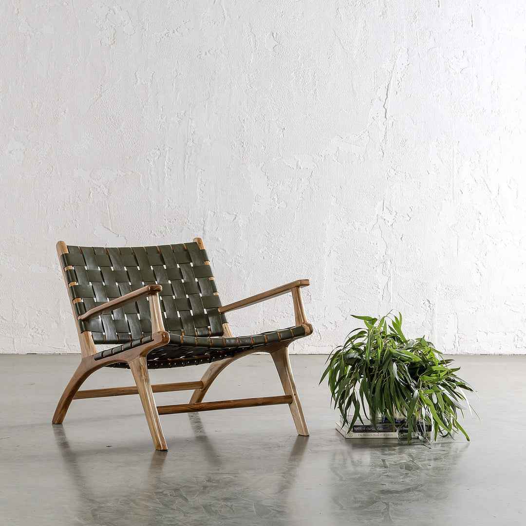 PRE ORDER  |  MALAND WOVEN LEATHER ARM CHAIR  |  OLIVE GREEN LEATHER HIDE