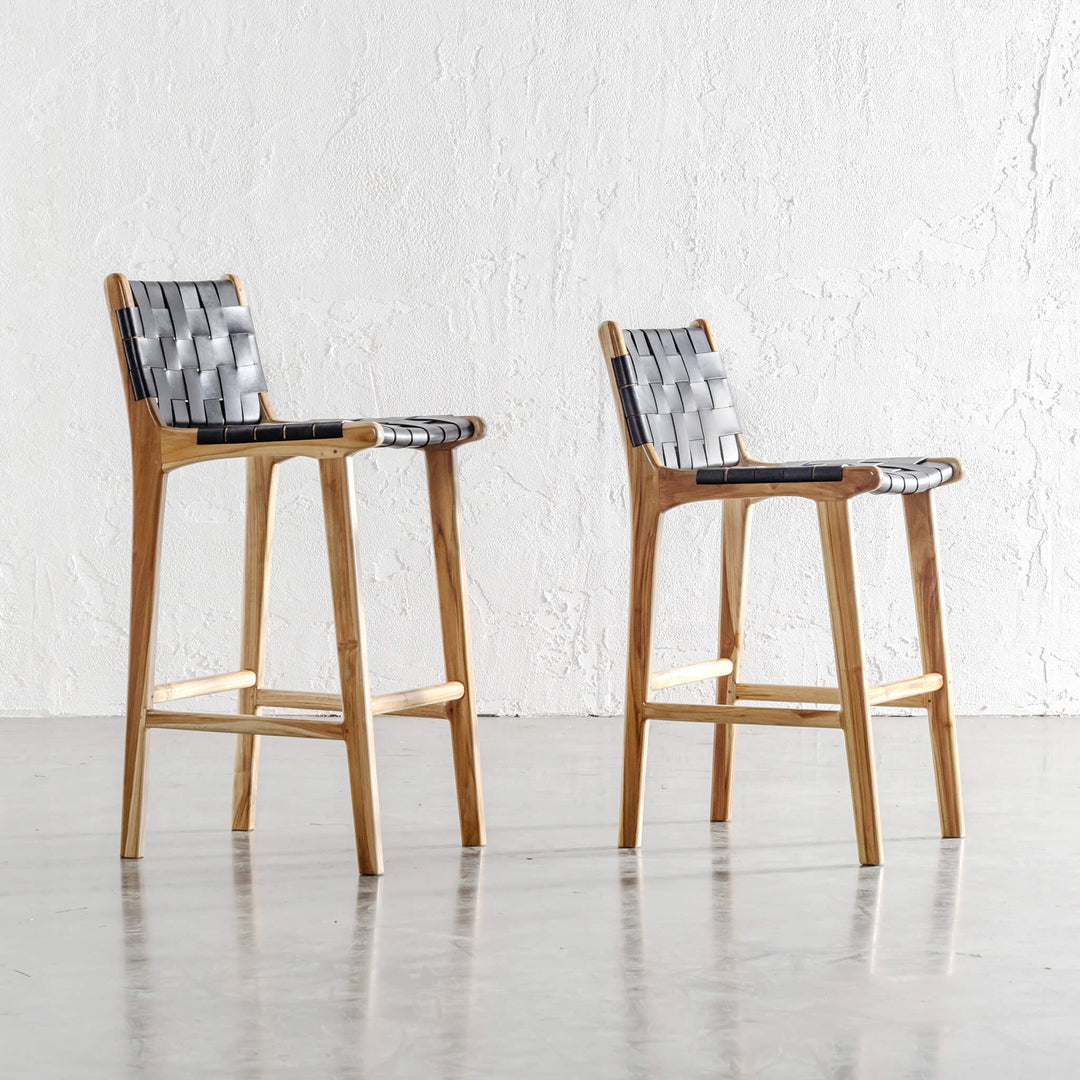 MALAND WOVEN LEATHER BAR CHAIRS  |  HIGH + LO  |  BLACK LEATHER