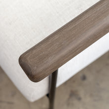 SAUVAGE ESSAN ARM CHAIR  |  WARM BISCUIT NATURAL FABRIC  |  LOUNGE CHAIR  CLOSE UP OF TIMBER ARM