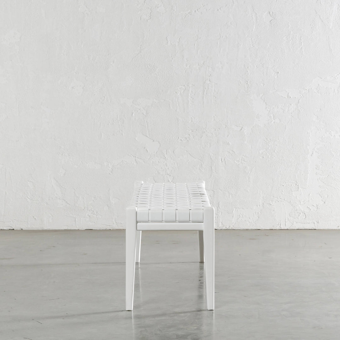 MALAND WOVEN LEATHER BENCH  |  WHITE ON WHITE LEATHER HIDE