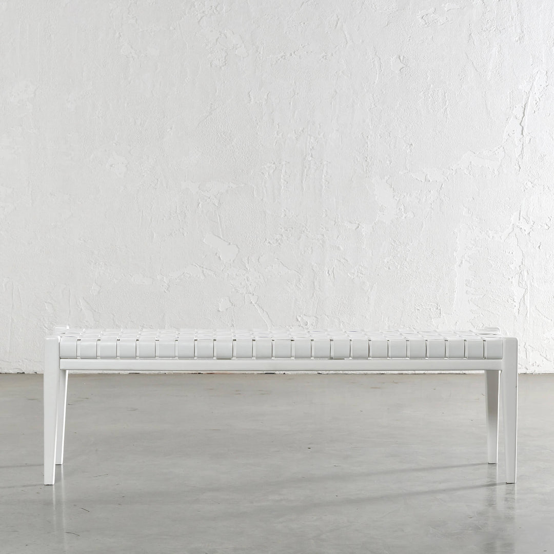 MALAND WOVEN LEATHER BENCH  |  WHITE ON WHITE LEATHER HIDE