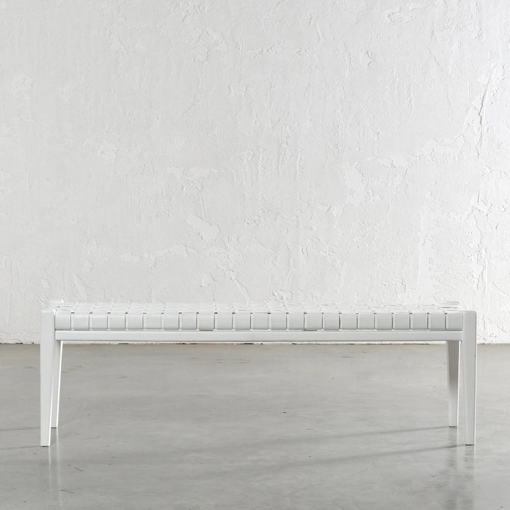 MALAND WOVEN LEATHER BENCH  |  WHITE ON WHITE LEATHER HIDE