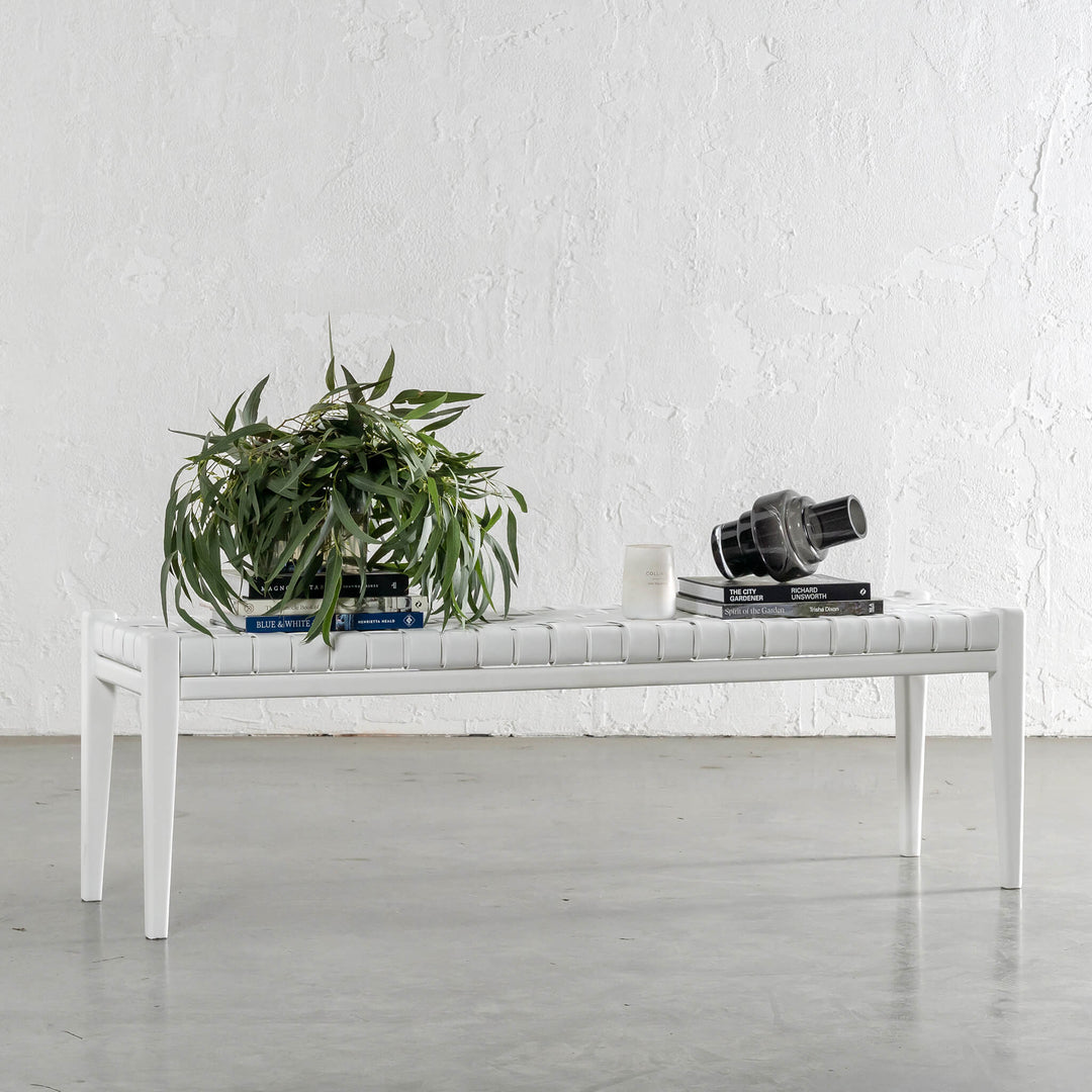 MALAND WOVEN LEATHER BENCH  |  WHITE ON WHITE LEATHER HIDE